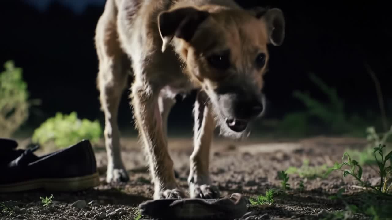A Curious Dog Exploratively Approaches a Shoe in the Night, Captured in Two Frames Showcasing Its Expression and Movement in a Mysterious Outdoor Setting