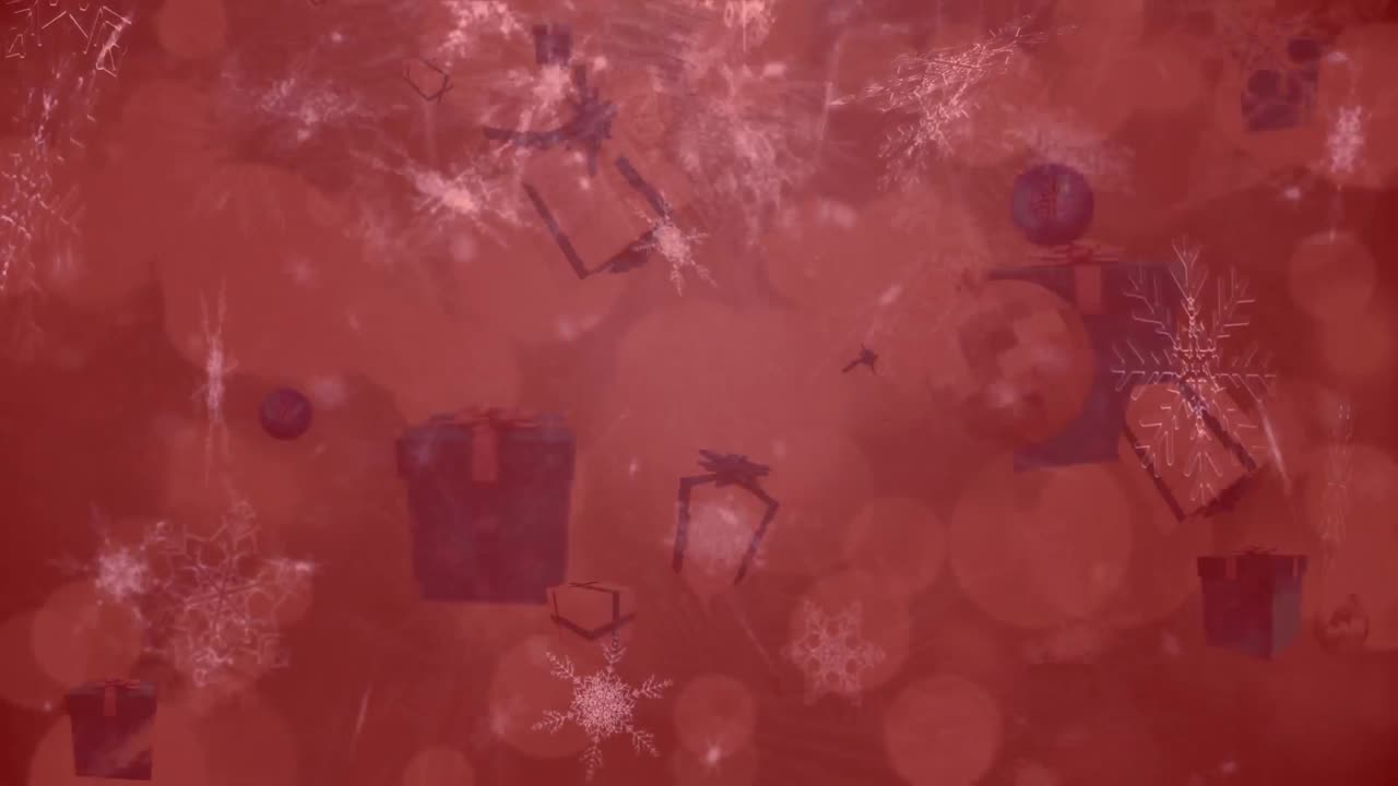 스노우플레이크, 크리스마스 보블과 선물 아이콘이  ⁇ 은 배경에 빛의 반점에 떨어지고