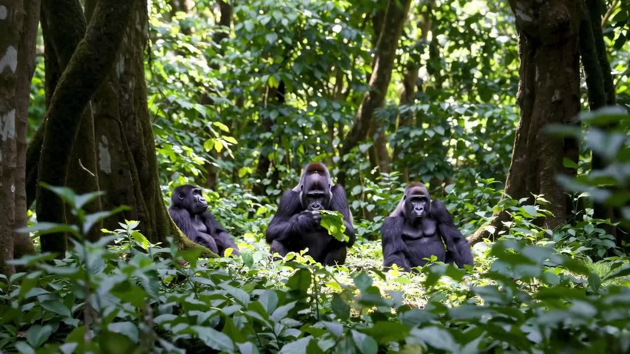 A low-angle video shot of gorillas in a lush forest, showcasing their natural habitat and social