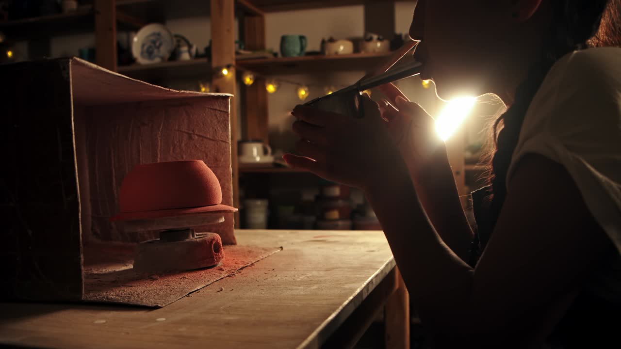 joven alfarera rocia manualmente la pintura soplando en el accesorio