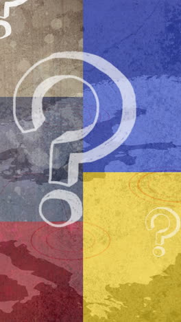 animación de signos de interrogación flotando sobre la bandera de rusia y ucrania