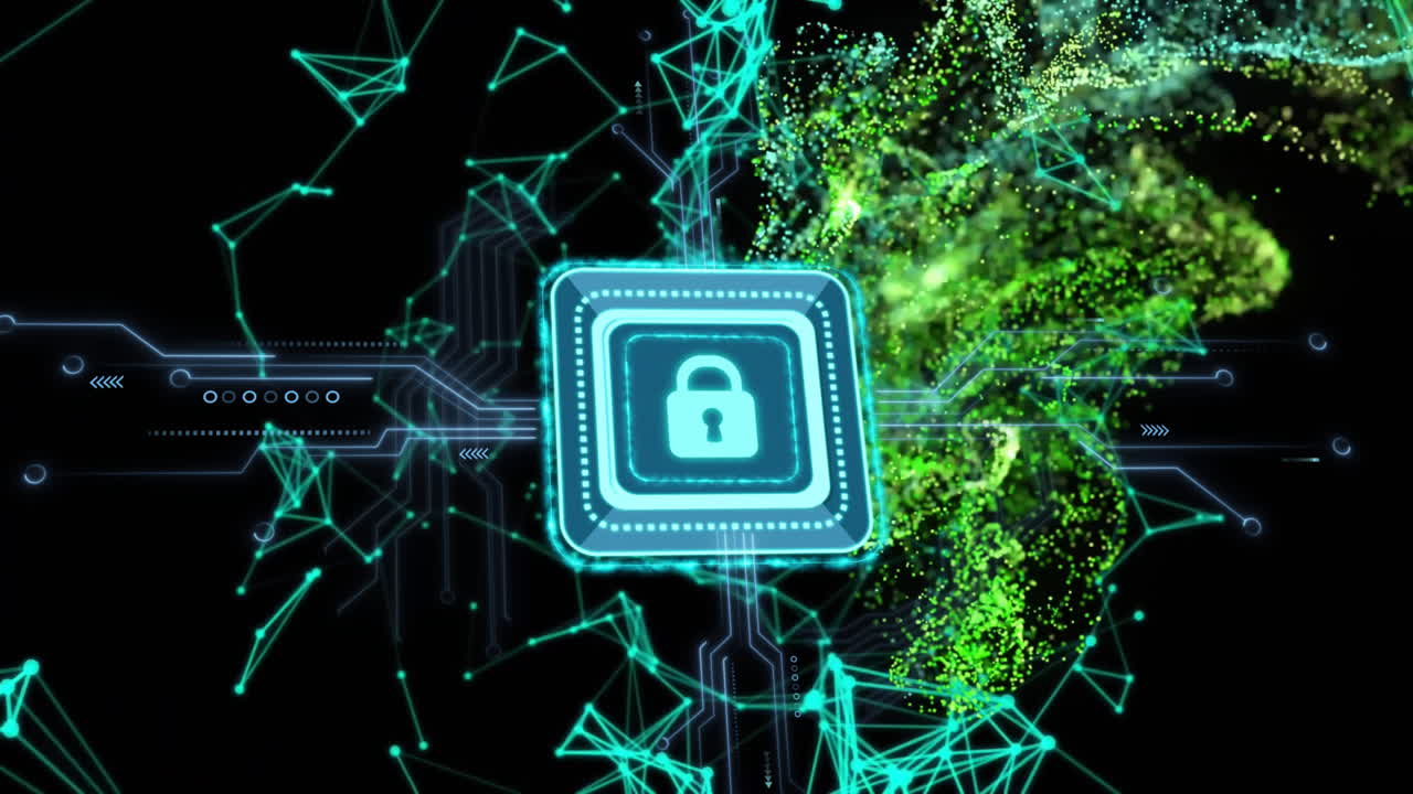 Animation of padlock icon with computer circuit board over shapes on black background