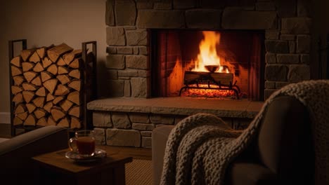 a cozy evening by the fireplace with warm flames and a plush blanket, perfect for relaxation and comfort in a inviting living space
