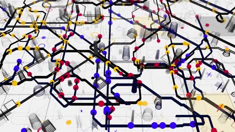 electric scheme circuit with bright abstract signals flowing into different directions on white background. animation. neural network and big data, artificial intelligence, matrix concept, seamless loop