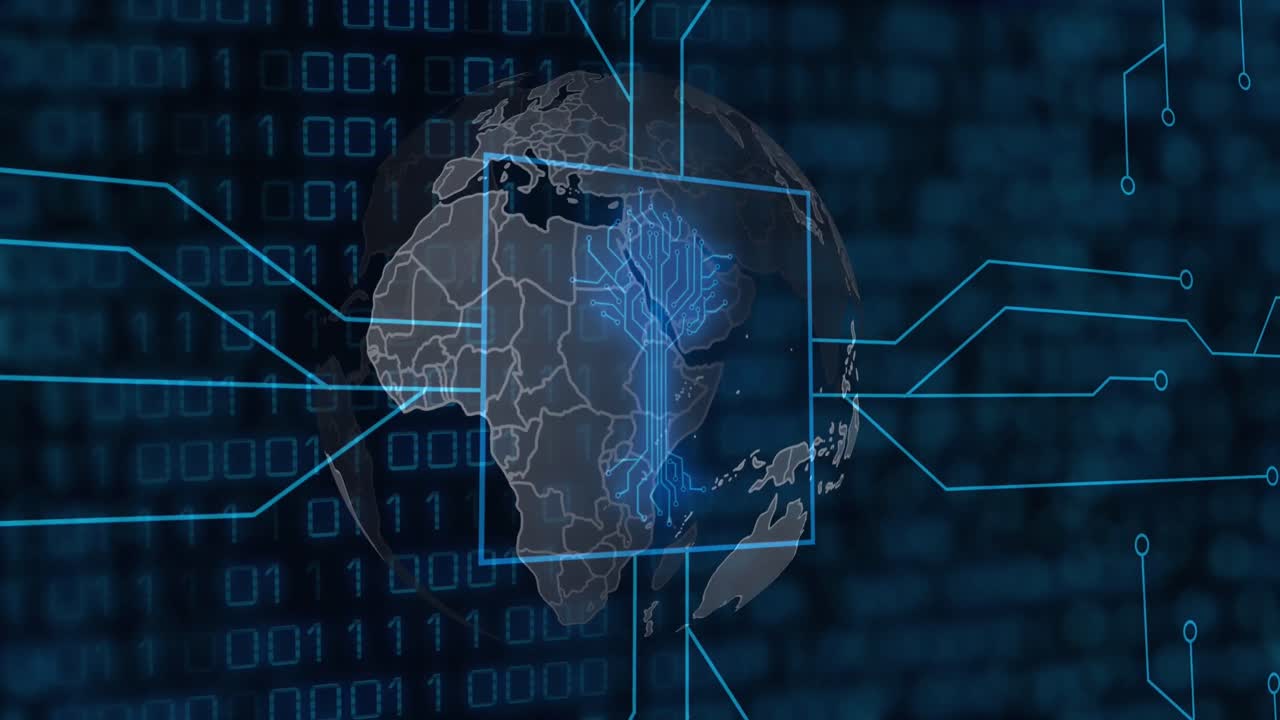 Animation of computer circuit board with binary coding, globe and data processing