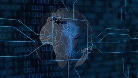 Animation-of-computer-circuit-board-with-binary-coding,-globe-and-data-processing