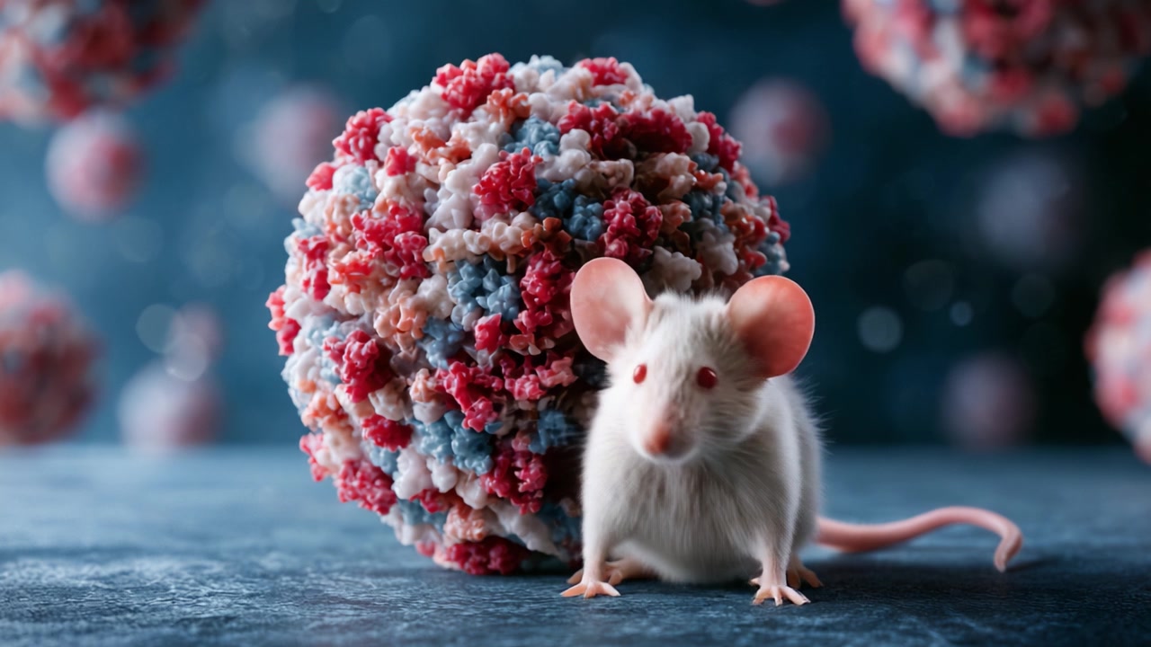 En laboratoriemus interagerer med en farverig viral struktur, der viser det indviklede forhold mellem videnskab og mikrobiologi inden for medicinsk forskning.