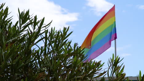 Panning-Reveal-Of-A-Vibrant-Colored-Rainbow-Flag-in-Slow-motion