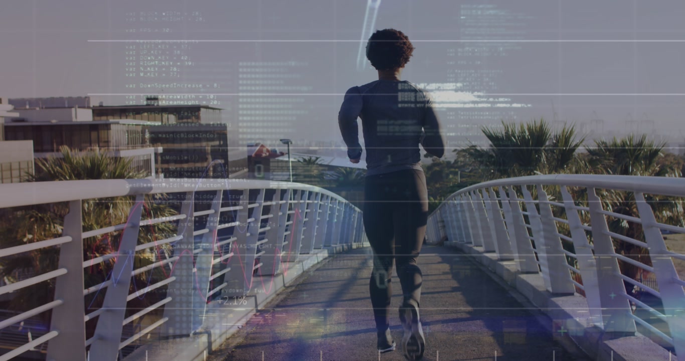 Animation of computer language over rear view of african american man running on footbridge in city