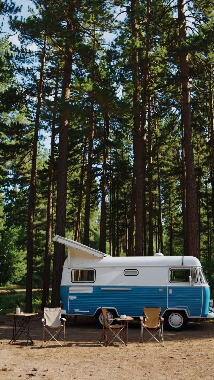 Un camper van vintage in un ambiente boschivo sereno, ripreso dal basso.