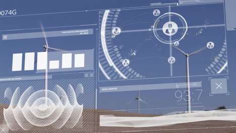 animation of network of connections and data processing over wind turbines