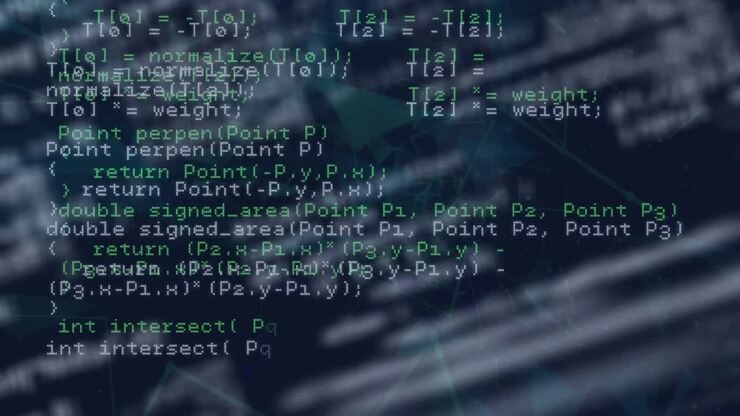 Animatie van herhalende computertaal, met verbonden stippen die een geometrische vorm vormen op een zwarte achtergrond.