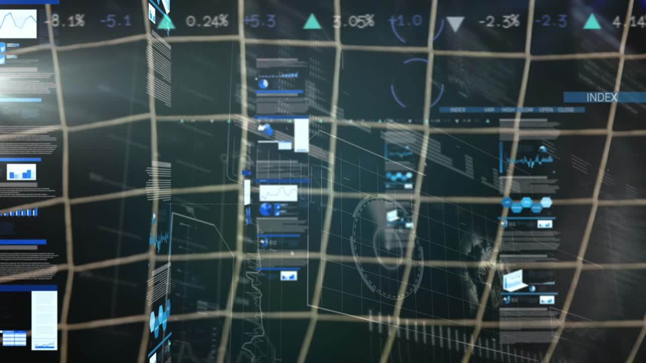 Animation of financial data processing on digital screen over soccer ball and shoes