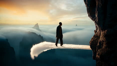 man walks on a cloud path above a misty mountain landscape