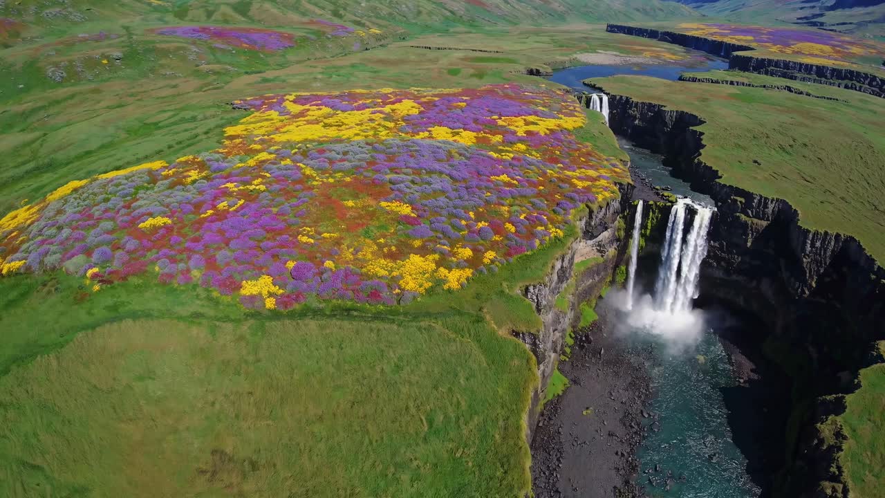Aerial view of vibrant wildflower fields and cascading waterfalls in a lush landscape