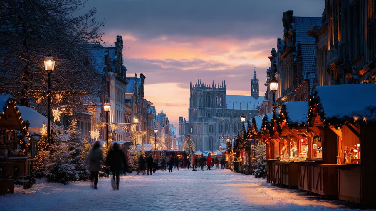 A Winter Evening Stroll Through a Snow-Covered Holiday Market, Featuring Twinkling Lights, Warmly Decorated Stalls, and a Majestic Cathedral in the Background Under a Glowing Sunset Sky
