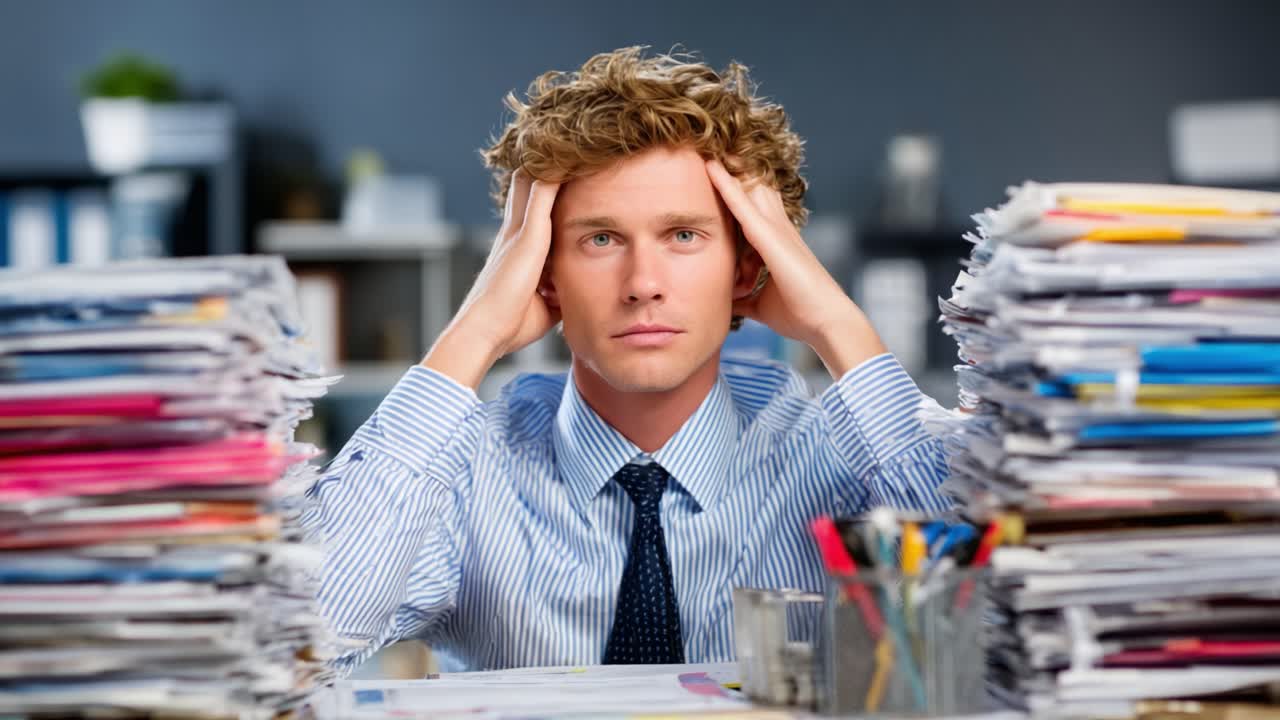Overwhelmed Office Worker Stressed by Mountains of Paperwork Struggles to Focus in a Chaotic Work Environment Surrounded by Cluttered Desk and Files