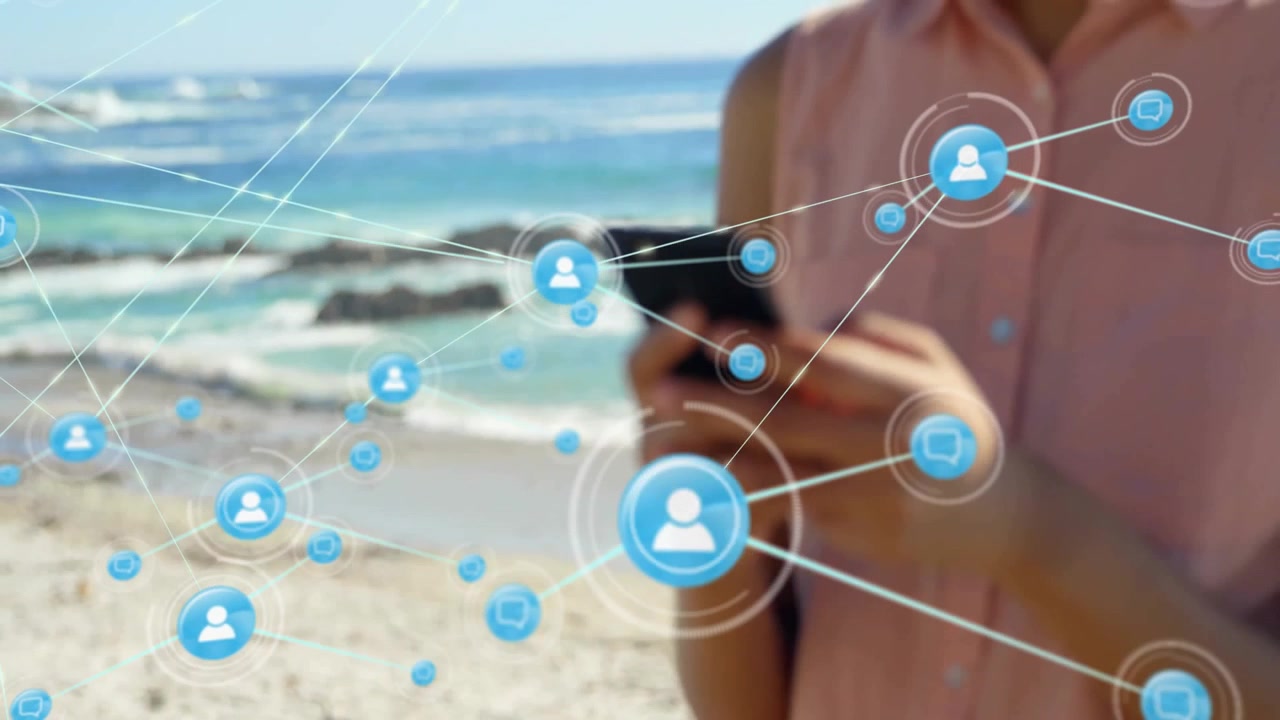 Woman tapping smartphone on sandy beach, generating user-icon nodes linking chat, devices for tech
