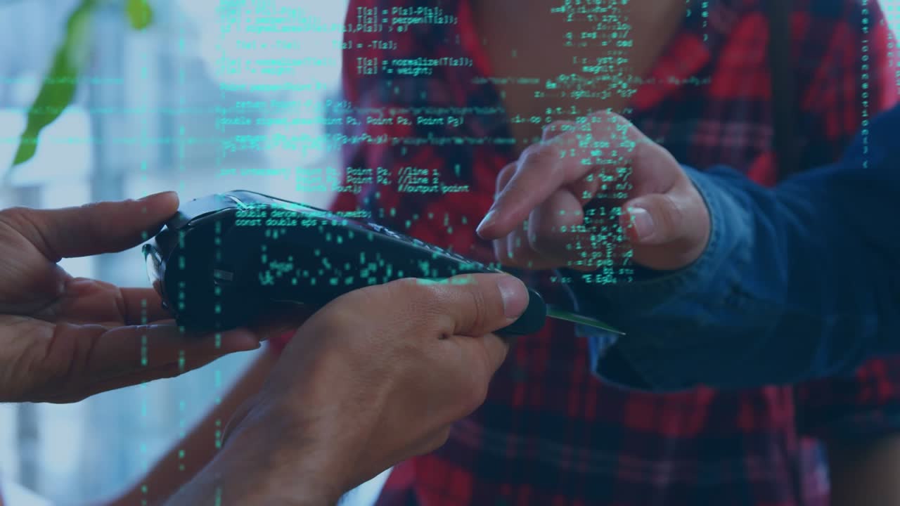 Animation of data processing over caucasian man paying with credit card