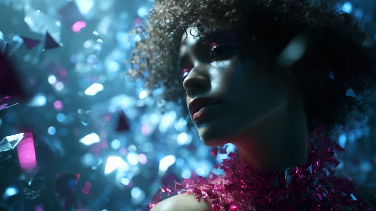Un ritratto mozzafiato di una bellissima modella circondata da cristalli scintillanti e luci colorate, che mette in mostra l'espressione artistica e una sensibilità unica per la moda in un'atmosfera onirica