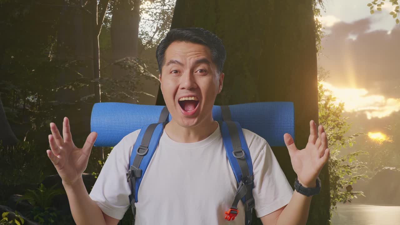 산악 배 을 들고 숲 의 자연 을 탐험 하는 동안 와우 라고 말하는 아시아 남자 산책자 의 근접 사진