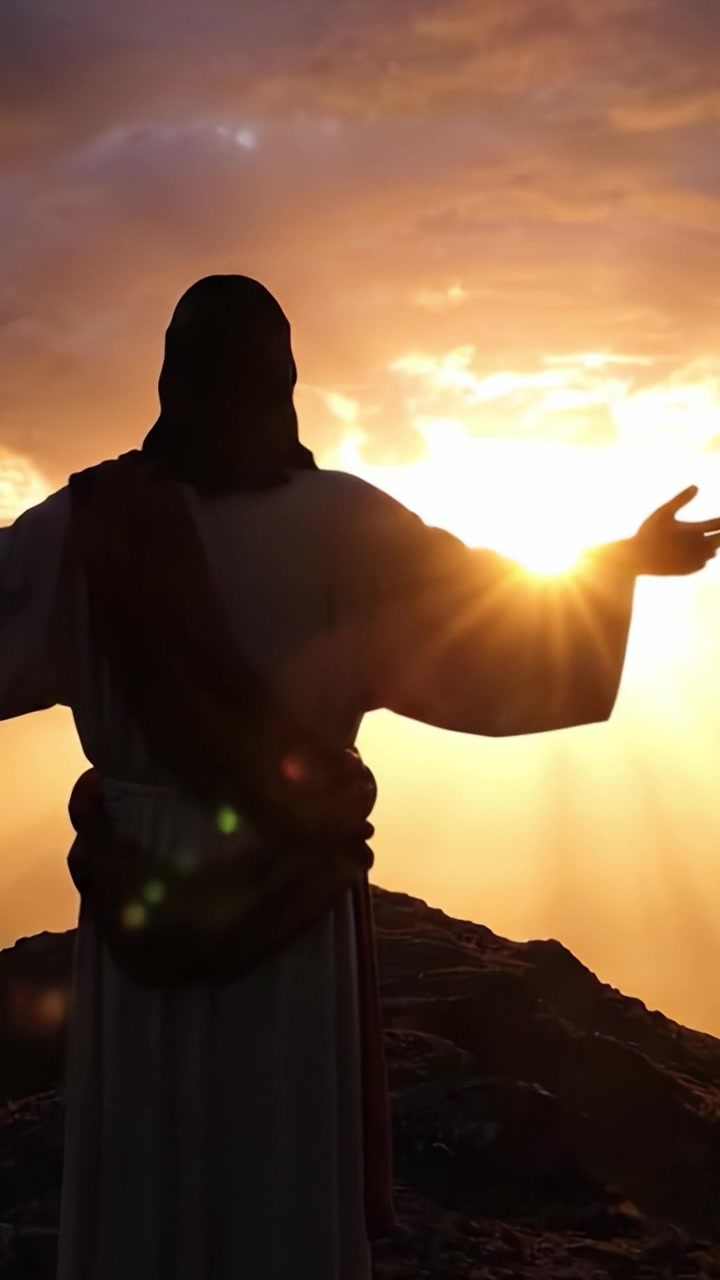 Um nascer do sol radiante ilumina uma figura com os braços estendidos, simbolizando esperança e iluminação, enquanto a luz quente projeta um brilho divino sobre o horizonte.