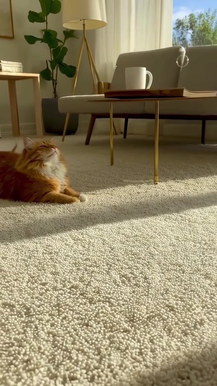 Gatto rosso che guarda bolle di sapone fluttuare in un soggiorno soleggiato
