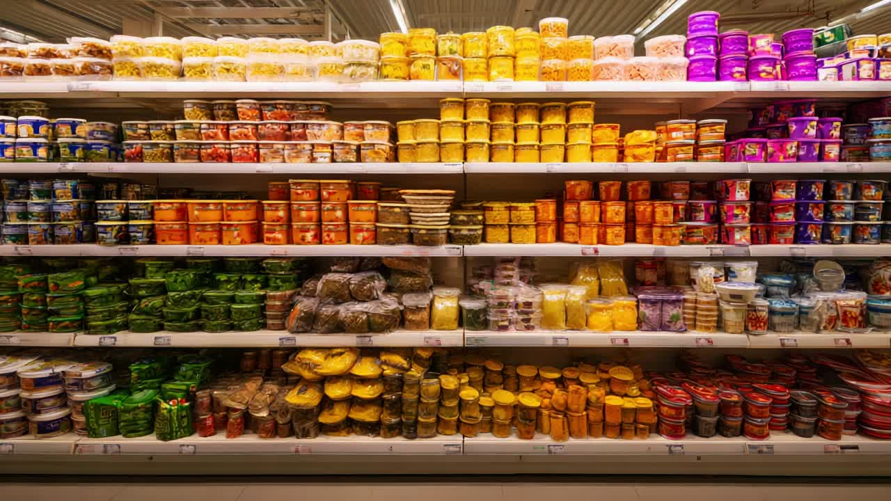 Levendige en kleurrijke weergave van verpakte voedingsmiddelen in een supermarktgangpad, met een overvloed aan diverse snacks en specerijen in felgekleurde containers, netjes gerangschikt op schappen