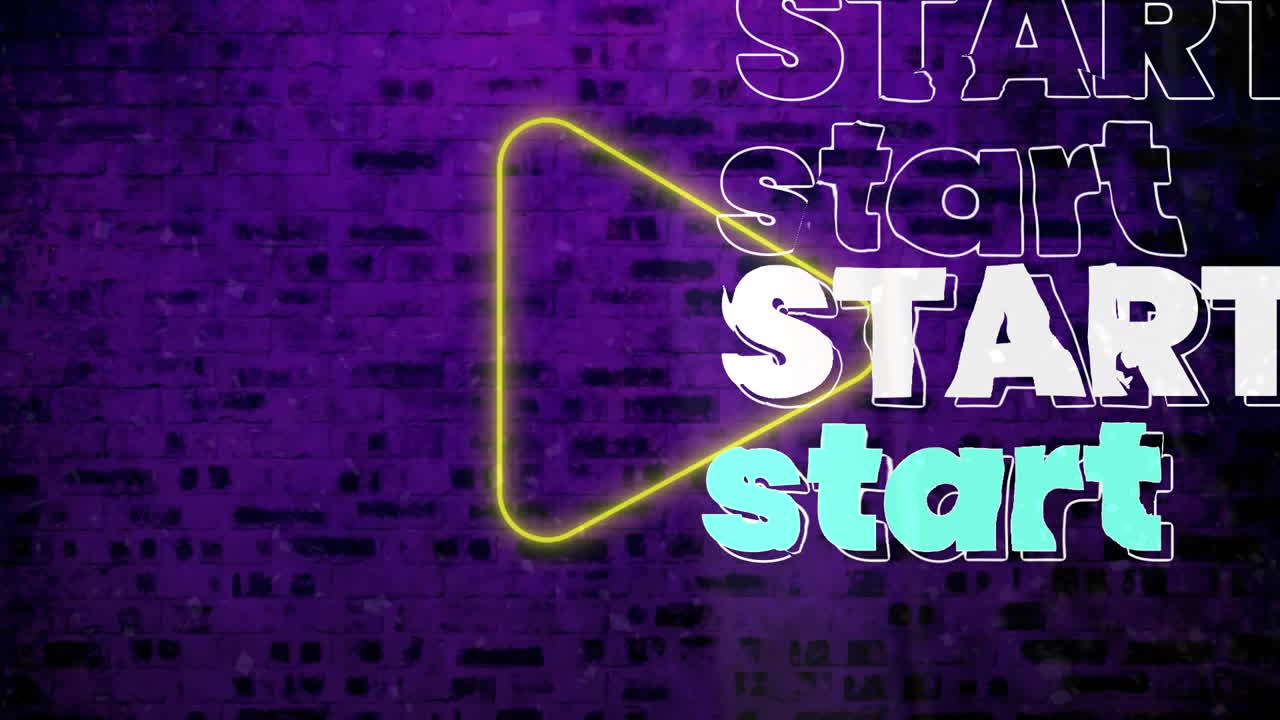 Animation of start text banner over neon play icon against purple brick wall background