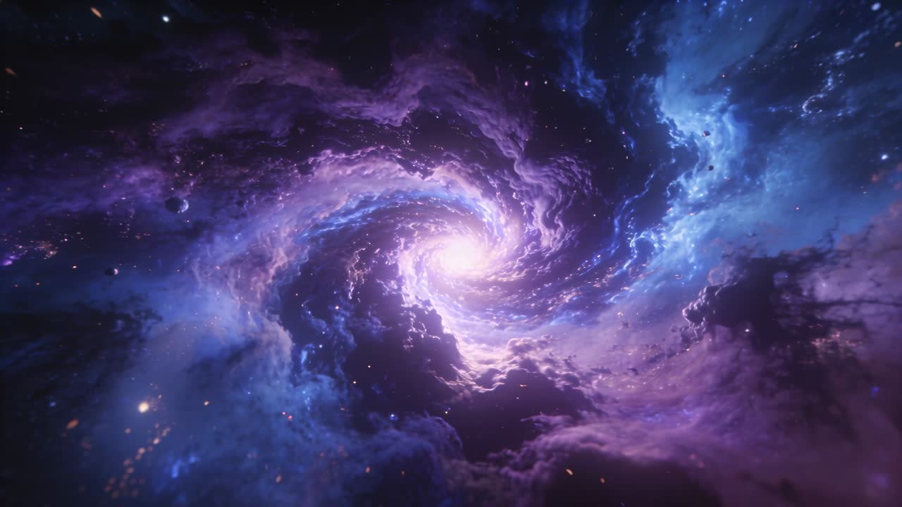 Rotating camera zooming toward luminous spiral nebula in deep space, revealing gas arms and debris