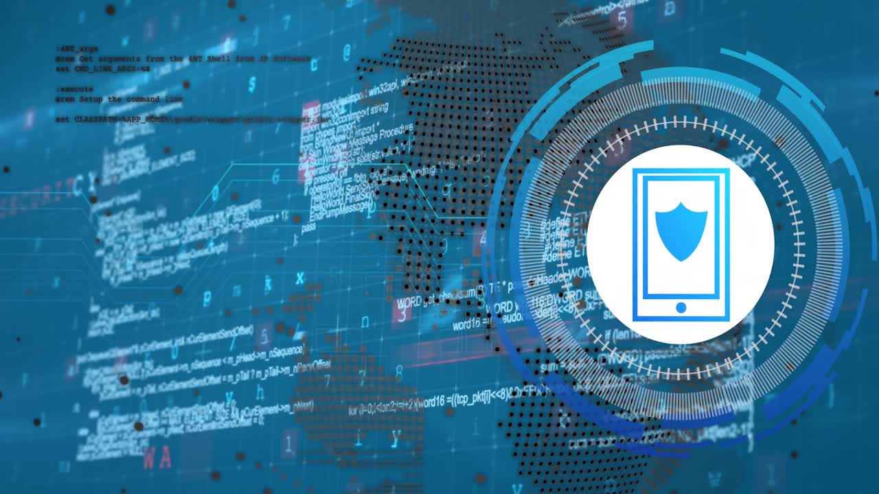 Animation of data processing with smartphone icon over blue background