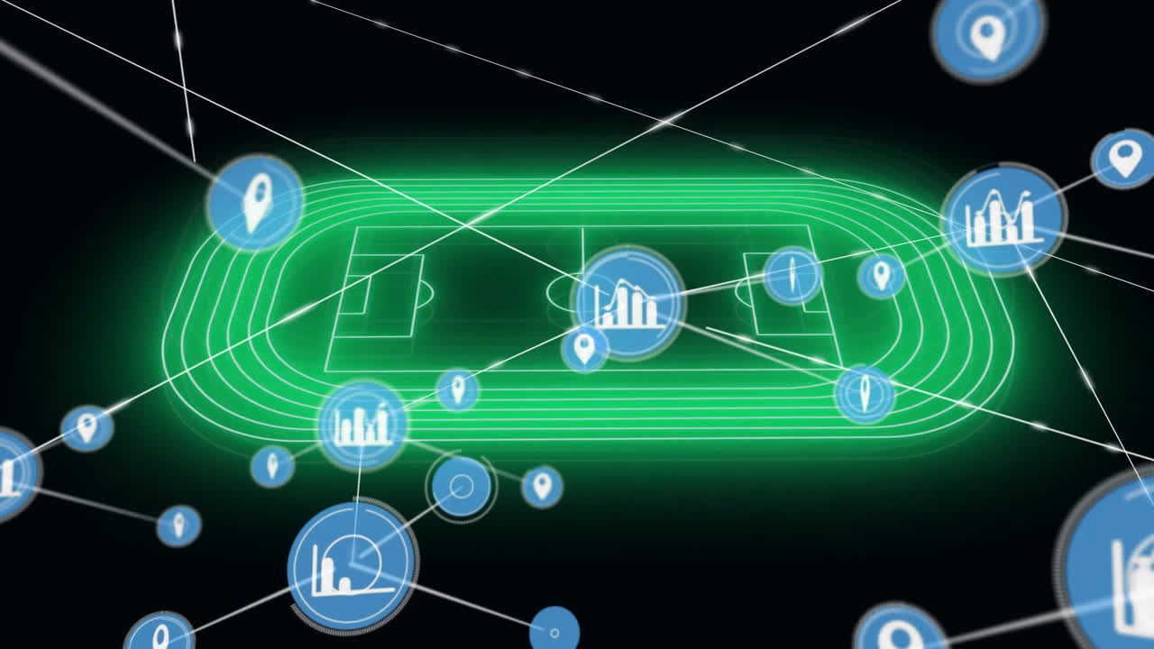 Animation of digital data icons overlaying glowing green sports field at school