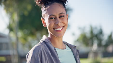 happy, running and face of woman in park