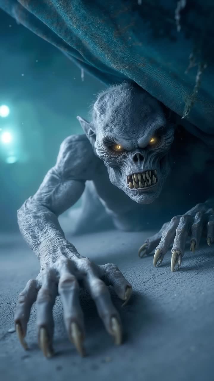 A close up of a creature with yellow eyes and claws