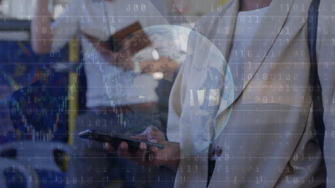 Animation of globe, binary coding and data processing over woman using smartphone