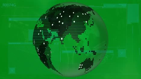 animation of data processing and globe on green background