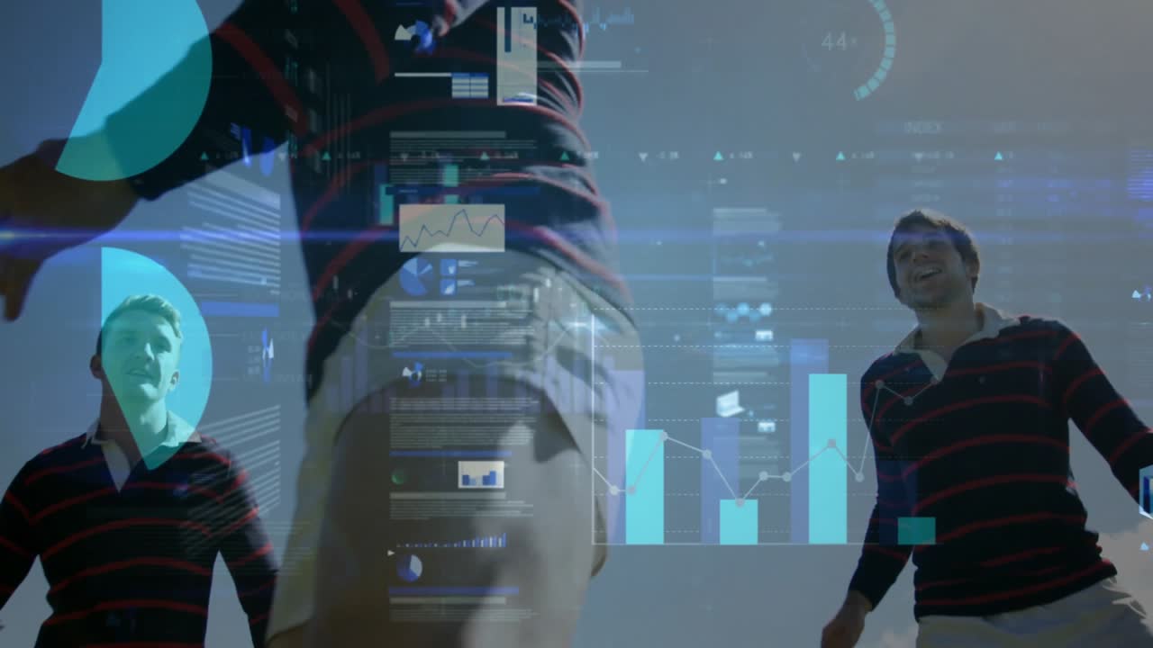 Sports teammates reaching upward in open sky tech scene, displaying floating charts and graphs