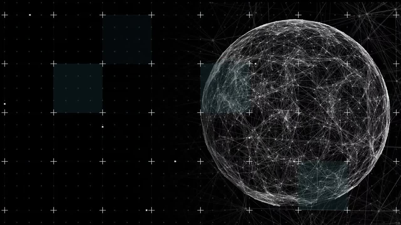 Digital animation of globe of network of connections against grid network on black background