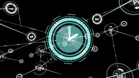 animación de reloj con manecillas giratorias, a través de la red de conexiones y procesamiento de datos en negro