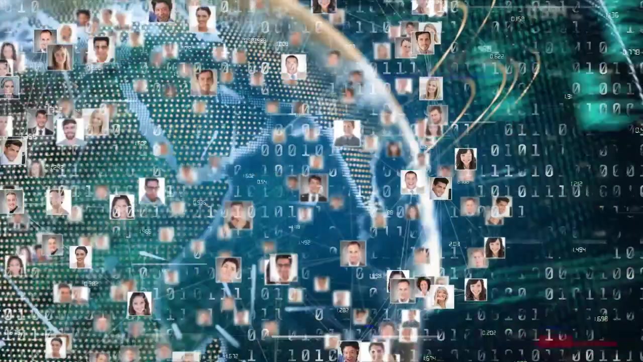 Animation of diverse people icons and data processing over globe