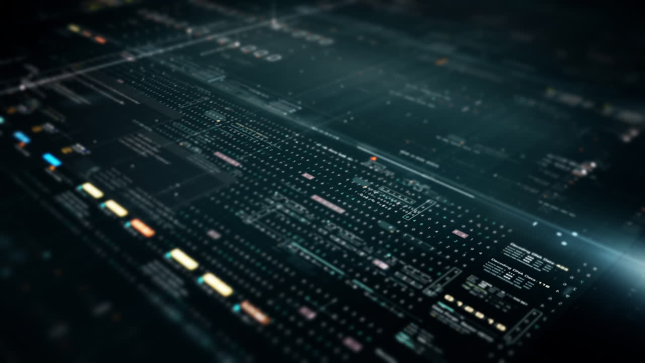Futuristic abstract de-focus data matrix, meta, metaverse, telemetry and encrypt numbers display with particles simulation in cyber space environment for head up display background