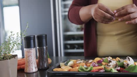 Midsection-of-african-american-plus-size-woman-seasoning-vegetables-in-kitchen,-slow-motion