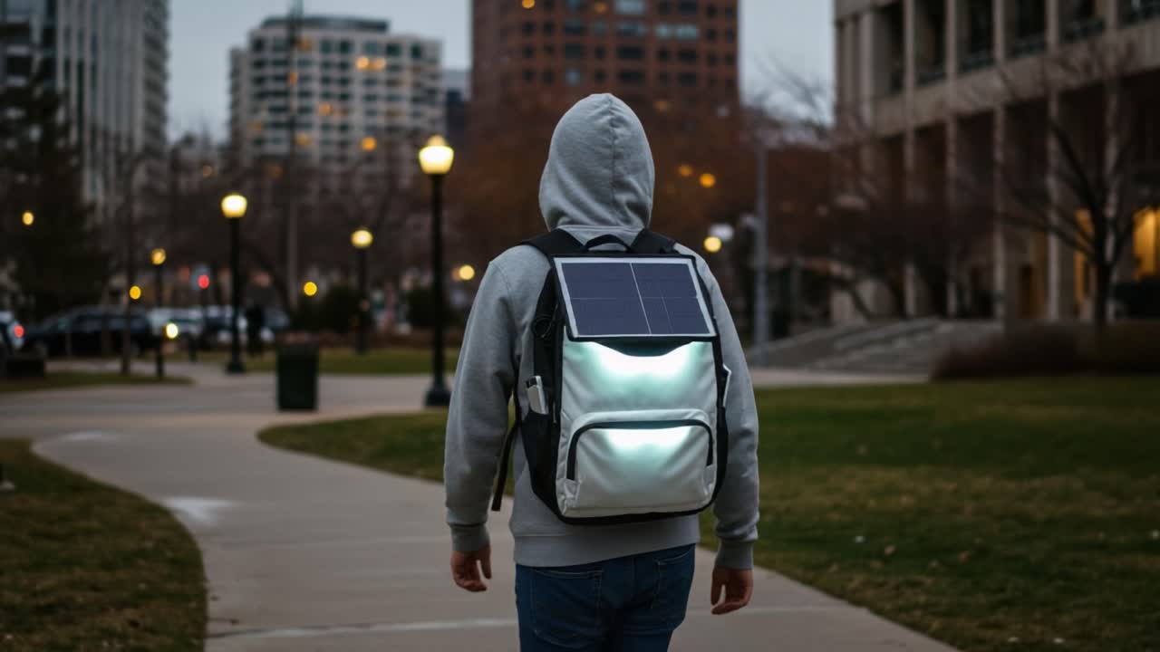 Individual Walking in Urban Setting with Solar-Powered Backpack, Showcasing Modern Outdoor Lifestyle and Sustainable Energy Technology in Action