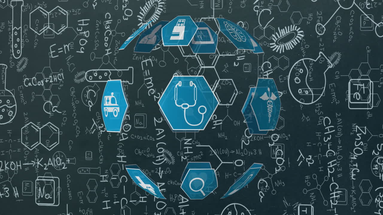 화학 그림 위에 의료 아이콘의 연결 네트워크의 애니메이션