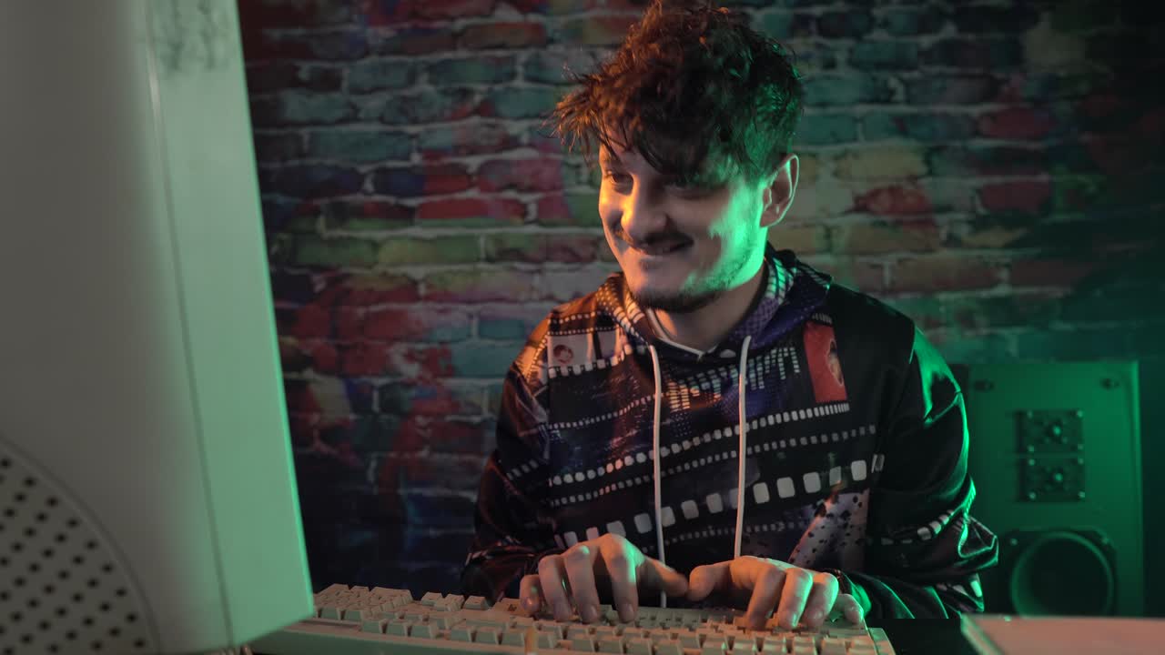 Happy Computer Programmer From 1980s Celebrating Success in Developing Software