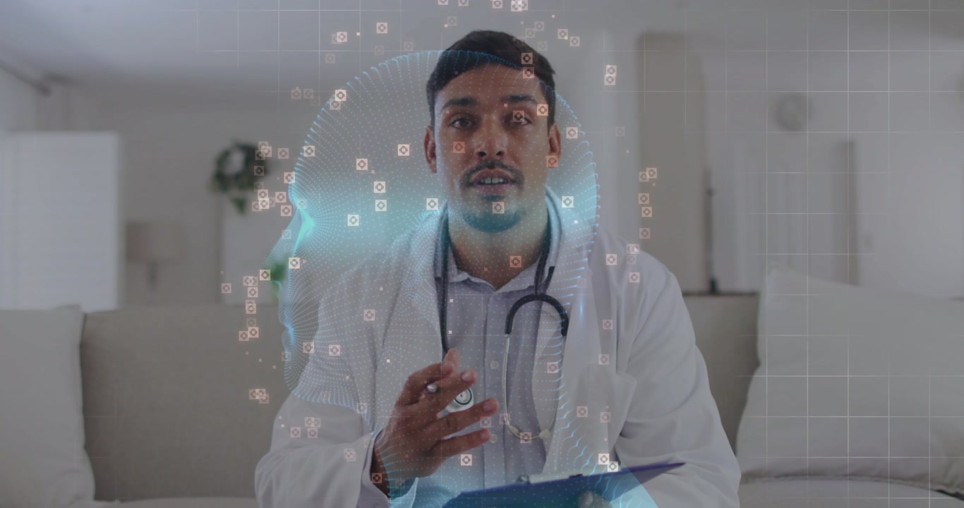 Vertical video: Starting talk doc in lab coat, stethoscope teaching brain at home, showing AR skull