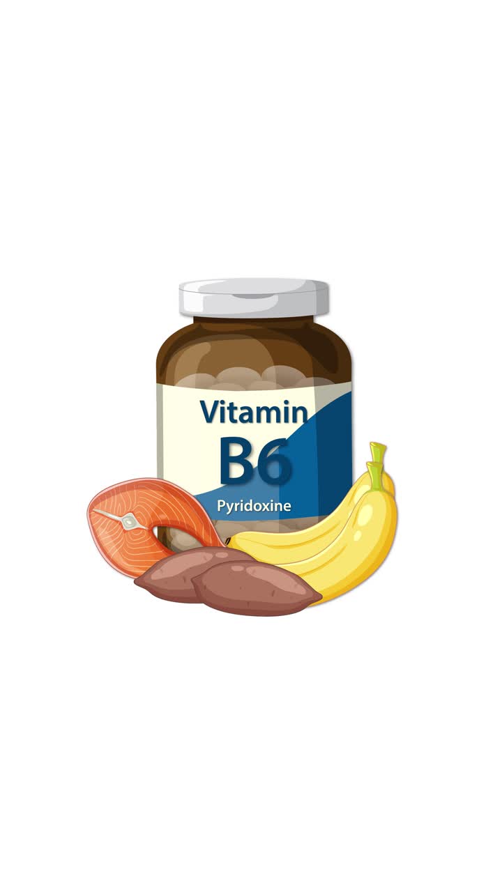 L'etichetta di una bottiglia di Vitamina B6 si anima, poi alimenti sani appaiono accanto ad essa su sfondo bianco
