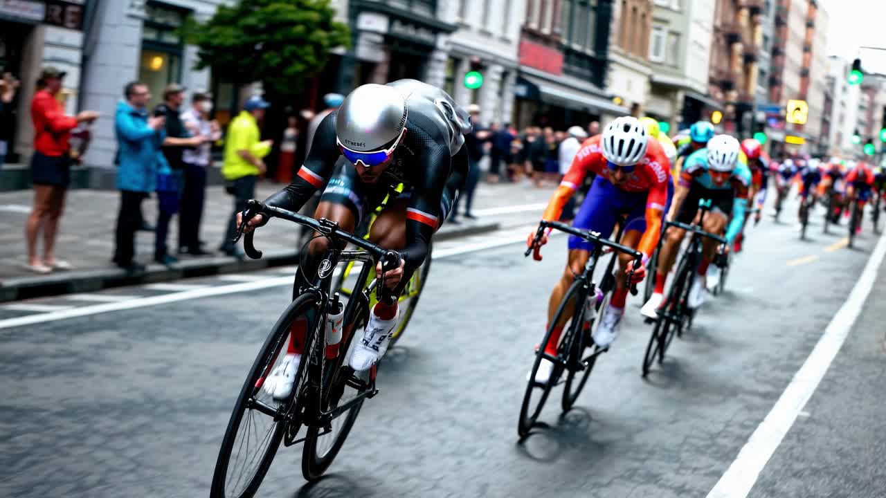 Dynamic low-angle shot of cyclists racing on a city street, capturing motion and speed