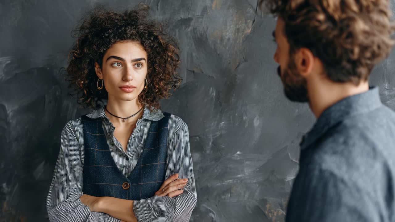 Una conversazione tesa tra due persone: una donna introspettiva e un uomo riflessivo in un ambiente artistico, che cattura le loro emozioni e reazioni non dette