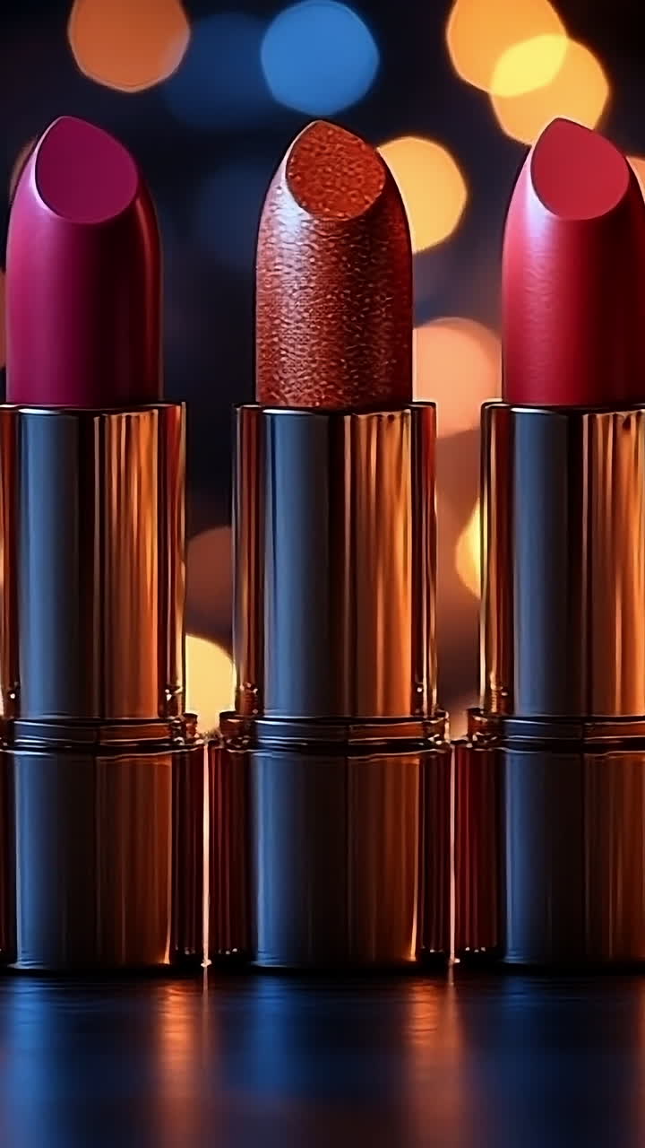 Bright lipsticks with lights. Five vibrant lipsticks in shades glow against twinkling lights in a charming evening setting.
